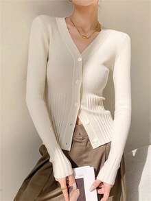V-Neck Design, Thin Button, Long Sleeve, Striped Underarm Sweater, Women's Cardigan, Autumn/Winter, Back To School Season - Apricot - View 6