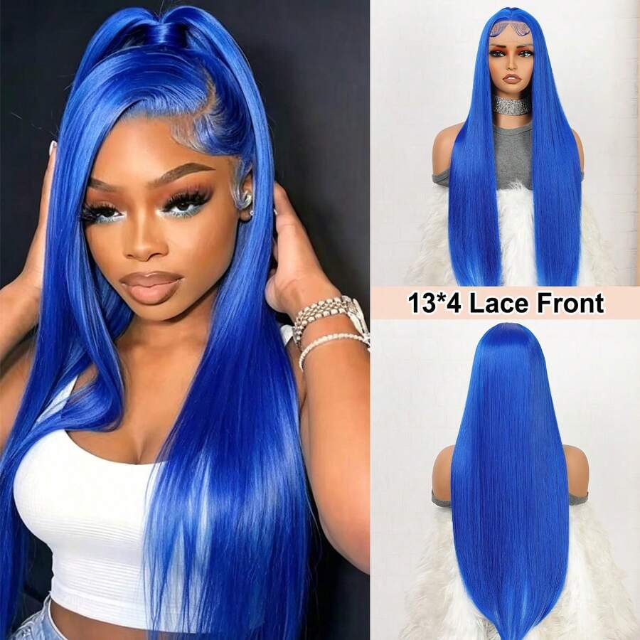 Blue Color 1pc Long Silky Straight 13*4 Lace Frontal Synthetic Wig For Women Preplucked Cosplay Daily Party Heat Resistant Fiber Front Wig Wedding Gifts