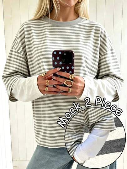 2 In 1 Layered Striped Long Sleeve Top, Winter Women, Christmas Women, Autumn Women, Long Sleeve Top, Top For Women