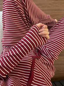2pcs/Set Women's Pajamas Loungewear Set, Open Front V-Neck Striped Fashion Minimalist Long Sleeve Pants, Easy Care Fabric (Random Print) - Red - View 7