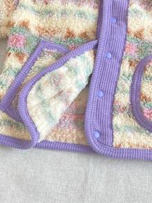Baby Girl Vintage Tie-Dye Plush Cardigan, Colorblock Ribbed Trim Single-Breasted Pocket Warm Autumn/Winter Jacket - Purple - View 7