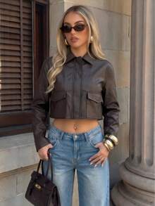 Women's Short PU Zipper Jacket, Coffee Color, Pockets, Versatile For Daily Wear And Dating - Coffee Brown - View 1