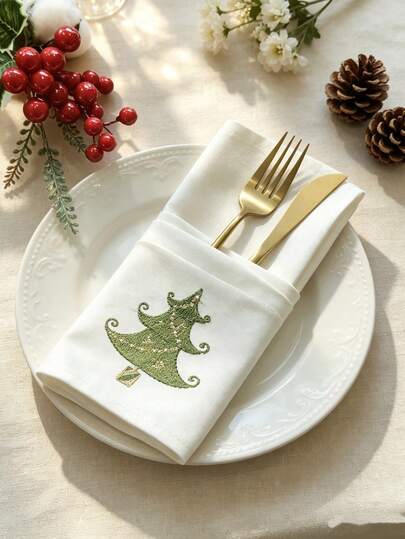 1pc 100% Polyester Christmas Tree Embroidered Cloth Napkin, White Reusable Dinner Napkin, Christmas Table Decor, Holiday Party Table Setting