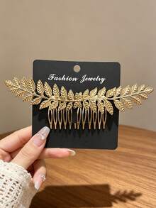 1pc Vintage Gold Metal Leaf Hair Comb, Luxury Side Comb, Back Of Head Updo Hair Accessory For Wedding And Party - Multicolor - View 6