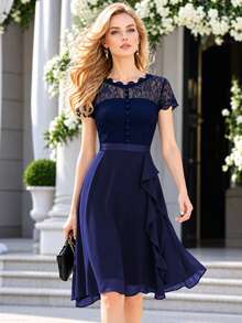 Summer Elegant Noble Lace Patchwork Layered A-Line Skirt Midi Dress For Women, Perfect For Formal Occasions And Parties - Navy Blue - View 1