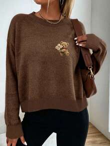 Plus Size Women's Ghost Reading Bookshelf Graphic Casual Pullover Sweater - Dark Ochre - View 4