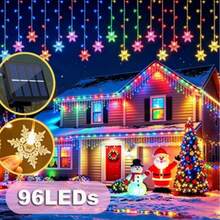 Christmas & Halloween Party Decoration Solar Powered Icicle Snowflake String Lights, Warm/Colorful/White 3 Color Modes, 4*0.6m Wave Style Hanging 16 Strands 96LEDs, 3D Hollow Snowflake Pendants, Transparent And Lightweight, Natural Snowfall Pattern, Clear Petal Outline, Soft Diffused Light, Hanging Ice & Snow Curtain Effect, Dreamy Night View - Solar Powered Snowflake Ice Bar Lights - View 15