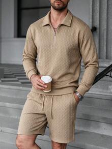 Men's Herringbone Textured Half-Zip Polo Set, Minimalist Casual 2 Pieces Outfit For Daily Streetwear - Khaki - View 3