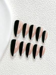 秋季 10片裝幾何拼接風手工穿戴甲 Polygel 美甲套組，黑白配色，俐落極簡風，3種尺寸可選，杏仁甲、鴨嘴甲、棺材甲，適合派對、舞會、日常配戴（手工細節可能有所不同） - 彩色 - 查看 19