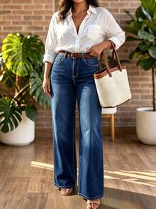 Celana Jeans Wanita Ukuran Besar Warna Biru dengan Potongan Lebar, Detail Kancing, Panjang, Bahan Sedang Elastis, Cocok untuk Dipakai di Musim Gugur - Biru tua - View 3