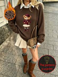 Women's Plus-Size Casual, Cute Faux-Knit Sweater Featuring A Preppy-Style Bear Graphic; Versatile And Perfect For Everyday Wear In Autumn And Winter. - Brown - View 3