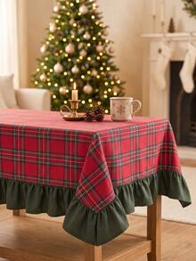 1pc Red & Green Classic Large Plaid Tablecloth, Traditional Country Style, Rectangular Green Leaf Edge With Pleated Details, Stain-Resistant Protective Table Cover, Functional Home Long Tablecloth Suitable For Christmas Family Gatherings And Winter Holiday Kitchen Decor - Red - View 8