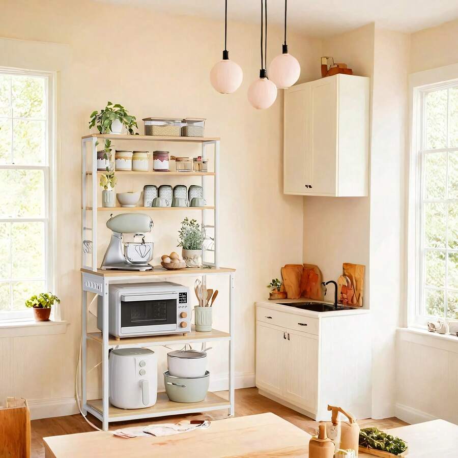 VASAGLE Estante de cocina con enchufes múltiples, 6 estantes, 6 ganchos, 40 x 80 x 168,5 cm, dorado y blanco - Amarillo - Ver 1