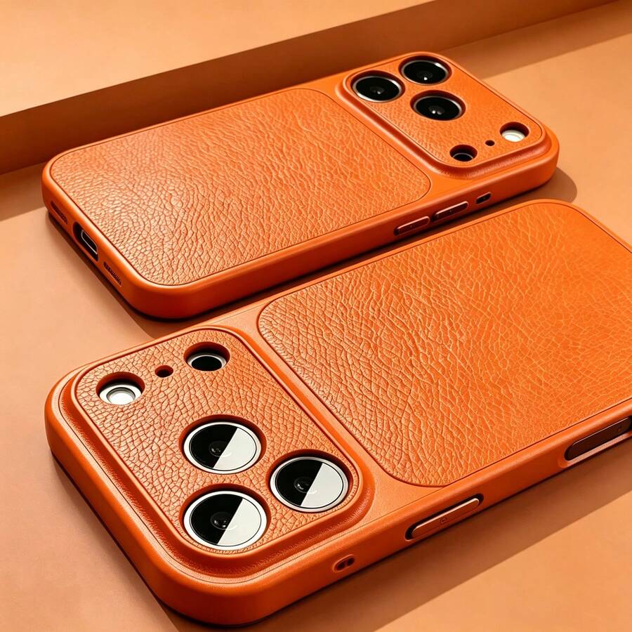 奢華 PU 皮革荔枝紋理啞光手機殼,相容 iPhone 18 Pro Max 18 Pro,防指紋硬殼,適用 17 Pro Max 16 Pro Max 15 14 Plus 13 Pro Max 12 11 16e 17e,18 & 17 系列大窗蓋 - 橘色 - 查看 1