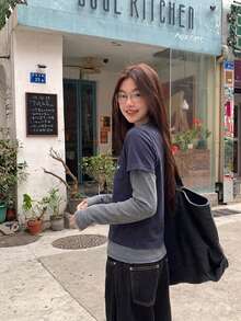 YCYC Korean Style 2 In 1 Striped Patchwork Pullover Slimming Versatile Casual Long Sleeve T-Shirt Crop Top For Women - Navy Blue - View 3