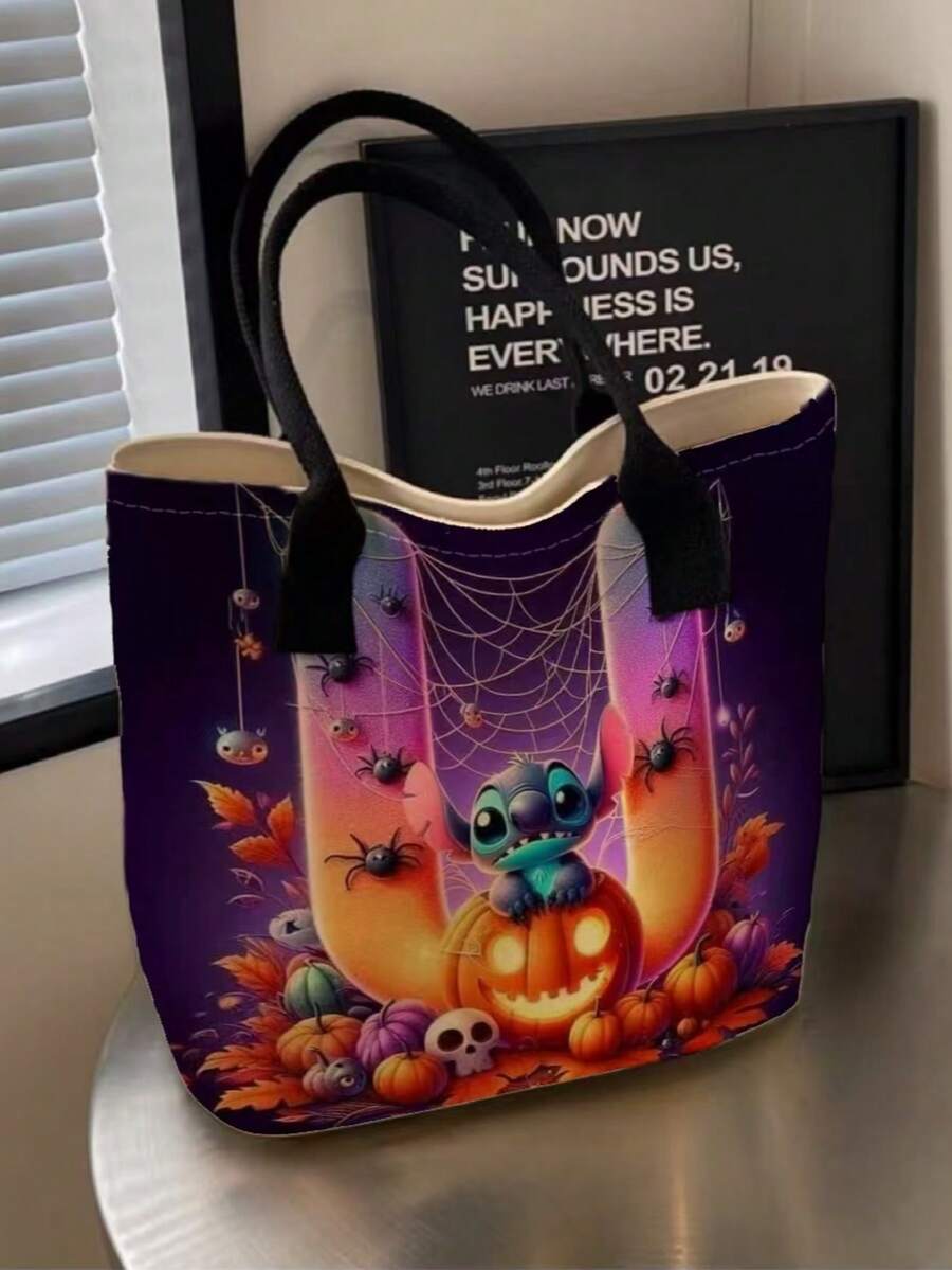 Disney Halloween Letter Embroidery Pumpkin Print Tote Bag, Large Capacity Cartoon Shoulder Handbag, Spider Web Skull Bat Pattern Shopping Bag, Casual Reusable Tote Bag, Suitable For Halloween Party, Daily Outing, Gift - Multicolor - View 1