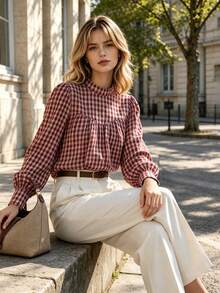 Fall Red Plaid Mock Neck Blouse Women, Front Gathered Puff Long Sleeve Back Keyhole Vintage Shirt - Multicolor - View 1