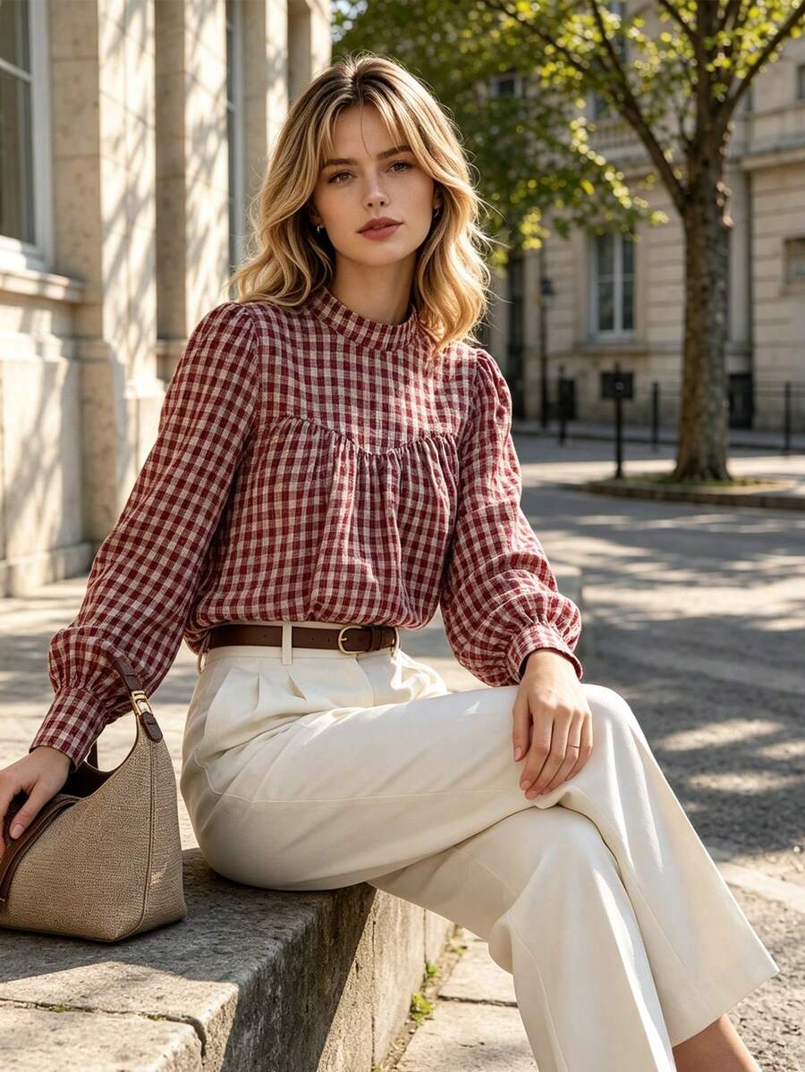 Fall Red Plaid Mock Neck Blouse Women, Front Gathered Puff Long Sleeve Back Keyhole Vintage Shirt - Multicolor - View 1