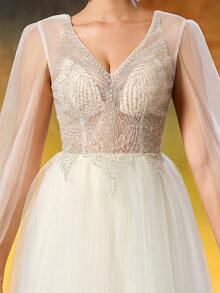 Ball Gown Evening Dress, Romantic Sheer Corset Lace-Up Tulle Long Dress, Fairy Princess Gown, Suitable For Weddings And Formal Parties - White - View 5