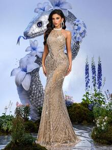 LUVISTRUE Women's Romantic Glamorous Runway Style Sleeveless Mesh Sequin Mermaid Long Formal Evening Gown, Suitable For Prom, Homecoming, Graduation, Wedding Guest, Cocktail Party - Champagne - View 4