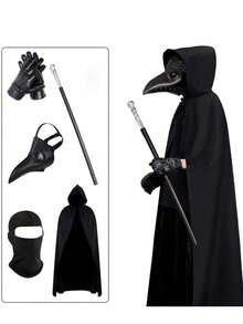 5pcs Medieval Dark Adult Horror PU Steampunk Plague Doctor Bird Mask Oversized Cloak, Suitable For Costume Party, Role Play, Carnival, With Adjustable Strap - Black - View 5