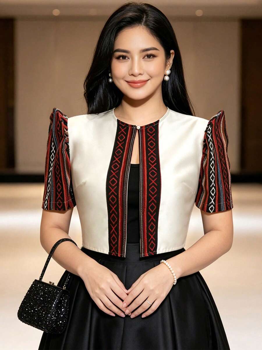 現代菲律賓風上衣 蝴蝶袖 - 杏色 - 查看 1