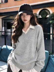 Y6Y Grey V-Neck Long Sleeve Women's 2026 New Autumn Slouchy Loose Knit Sweater - Grey - View 4