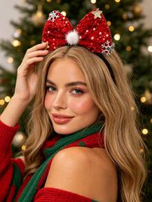 2/1pc Christmas Shiny Red & Green Sequin Large Bow Headband With Snowflake, Star And Pom Pom Decor, Women's Autumn/Winter Holiday Party Hair Accessory - Multicolor - View 1