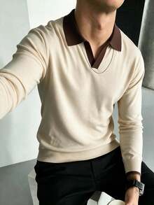 Men's Patchwork Slim Fit Regular Shoulder Airplane Collar Knit Long Sleeve Polo Shirt Contrast Color Turn Collar Sweater Warm Autumn/Winter New Style - Apricot - View 10