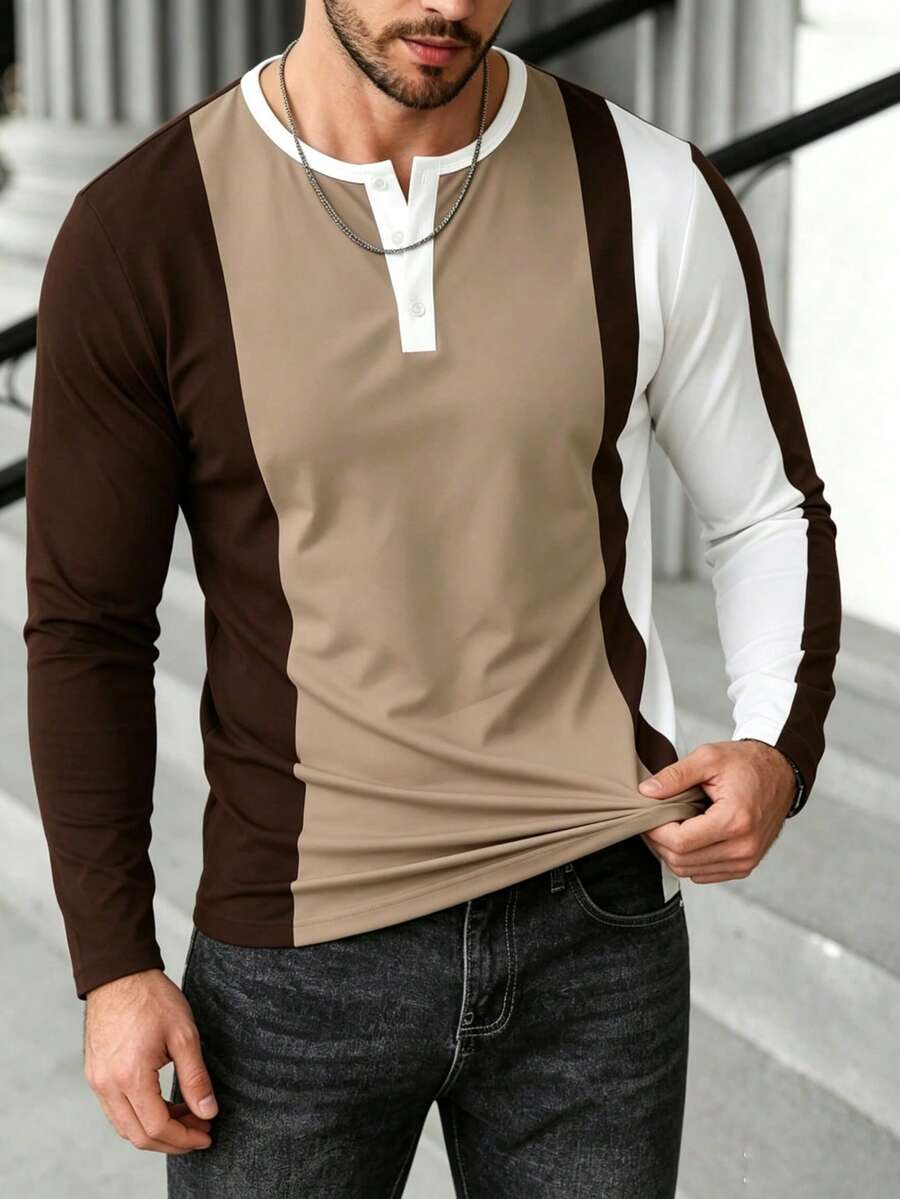 Camiseta de manga larga para hombre con bloques de color, patchwork, botones y cuello redondo, top casual - Multicolor - Ver 1