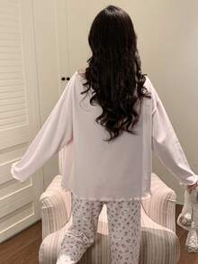 2pcs/Set Women's Spring/Autumn Pajamas Casual Cartoon Sweat-Absorbing Breathable Round Neck Long Sleeve Long Pants Cartoon Spring/Autumn/Winter Loungewear Fall Clothes For Women - Apricot - View 3