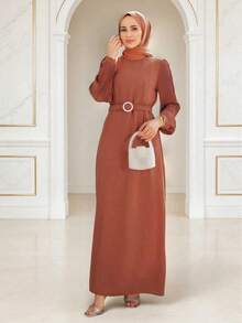 Women's Elegant Long Dress, Pleated Long Sleeve With Belt, Flowy Dress, Unique Formal Gown, Suitable For Wedding Guest, Party, Evening Event And Vacation Wear - Burnt Orange - View 2