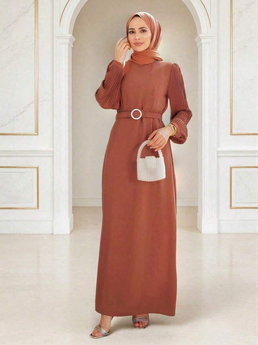 Women's Elegant Long Dress, Pleated Long Sleeve With Belt, Flowy Dress, Unique Formal Gown, Suitable For Wedding Guest, Party, Evening Event And Vacation Wear