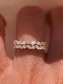 1pc Asymmetric Double Half-Wrap Rectangular & Round Cubic Zirconia Ring, Women's Wedding, Promise, Eternity Ring, Exquisite Jewelry Gift - Double Half Circle Rectangular Marquise Round Diamond Ring - View 5