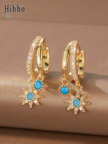 Hihho 2pcs/Set Elegant Atmosphere Gold & Silver Dual-Color Multi-Style Sunflower, Flower, Cross Pendant Rhinestone Hoop Earrings Set For Women, Daily Wear, Holiday Gift, Multi-Piercing Layering Accessory - Multicolor - View 3