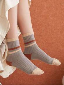 5 Pairs Women Retro Color Block Striped Mid-Calf Socks, Soft Cozy Warm Casual Socks For Fall Winter - Multicolor - View 9