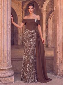 Women's Formal Cold Shoulder Ball Gown, Elegant Knit Maxi Dress With Rhinestone Embellishments And Ruffle Details - Brown - View 4