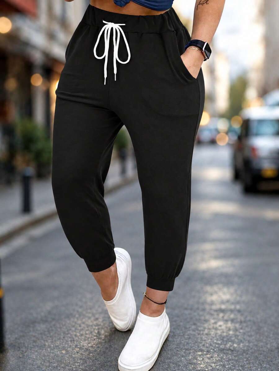 Pantalones jogger casuales de unicolor con cordón en la cintura, negro, primavera