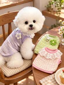 1pc Pet Knit Vest With D-Ring Harness, Lace Collar & 3D Flower Decor, Spring Autumn Clothes For Small Dogs Cats Bichon Teddy Yorkshire - Lilac Purple - View 7