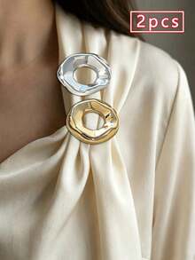 2pcs Asymmetrical Hollow Circle Brooch, Gold & Silver Dual-Tone Alloy Textured Pin, Waist Decor For Suit, Sweater, Shirt, Dress, Women's Accessory For Daily, Commute, Date, Gift - Multicolor - View 3