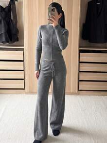 Minimalist Fashion Women's Ribbed Knit Drawstring Wide Leg Pants With Zipper Sweater Set, Medium Stretch, Suitable For Autumn Wear, Contains Wool - Medium Heather Gray - View 5