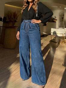 Women's Casual Elegant Lightweight Wide Leg Denim Jeans With Drawstring Waist And Pockets, Long Non-Stretch Boho Style Pants For Fall - Dark Wash - View 6