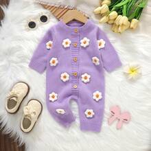 Infant Korean Style Gentle Purple Knitted Long Sleeve Romper, Baby Girl Sweet Style 3D Flower Romper, Baby Round Neck Front Button Romper - Purple - View 3