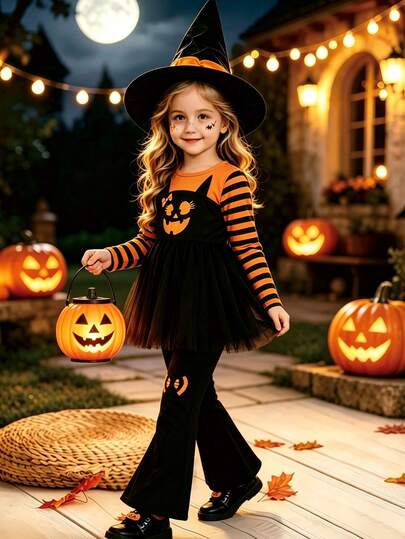 2pcs/Set Girls Toddler Casual Halloween Theme Black Cat Pattern Striped 3D Bow Soft Comfortable Knit Fabric Black Tulle Skirt Top & Pants Set, Suitable For Outdoor Wear, Autumn/Winter