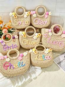 Personalized Woven Straw Beach Bag, Little Girl Bag, Children's Handbag, Girls Gift, Customized Bridesmaid Gift, Summer Bag - Multicolor - View 1