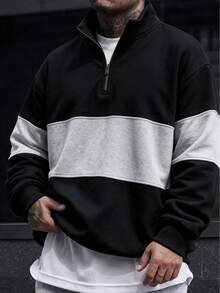 Men's Black & Gray Striped Contrast Half-Zip Sweatshirt, Drop Shoulder Pullover Casual Sweatshirt For Autumn/Winter/Spring - Black - View 3