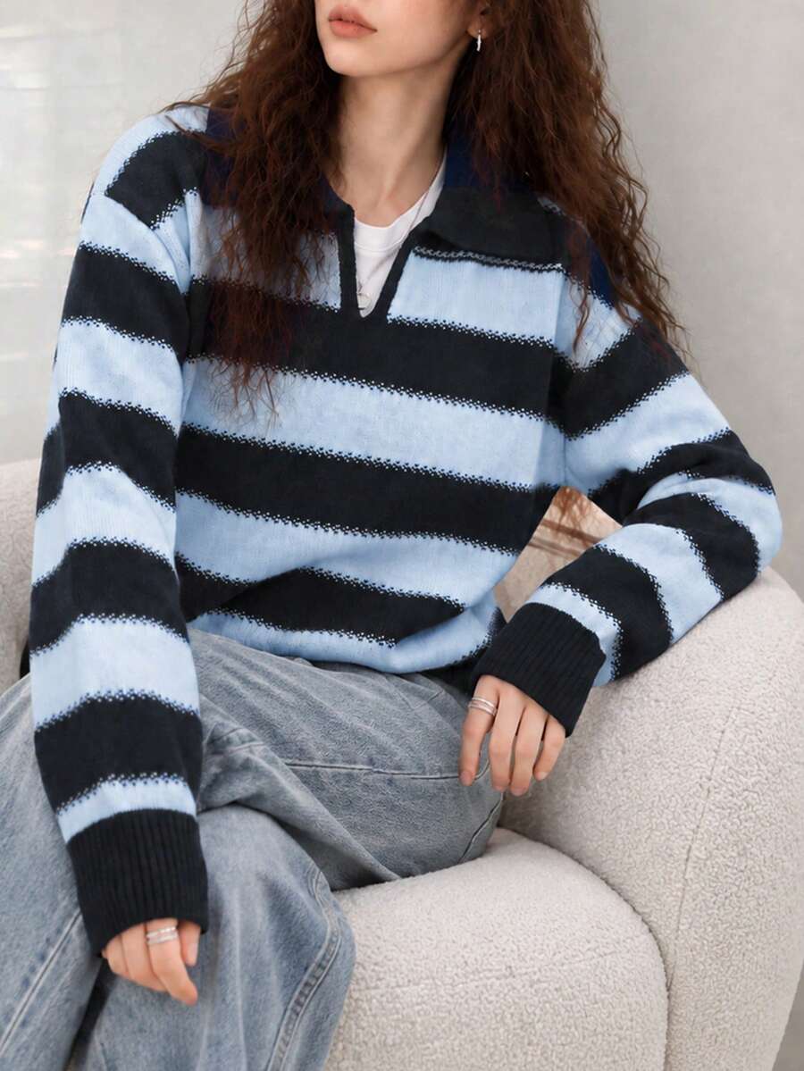 Women's New Autumn/Winter Minimalist Striped Collared Pullover Sweater - Blue - View 1