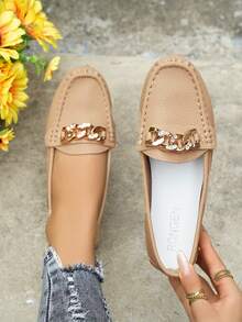 Women's Spring New Arrival Gold Chain Elegant Slip-On Loafers, Lightweight, Comfortable, Versatile Rubber Flat Shoes - Khaki - View 5