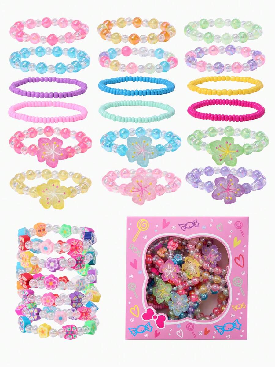 Set med 24 blomsterpärlararmband i polymerlera, exklusiv presentförpackning, slumpmässiga färger