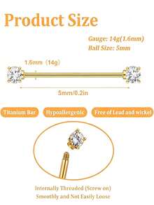 VJS 1件 14G 工業級鷹架槓鈴鋼製耳軟骨穿刺耳釘，中性風格，鑲鋯石表面，耳軟骨身體飾品，38mm - 金黃色 - 查看 3
